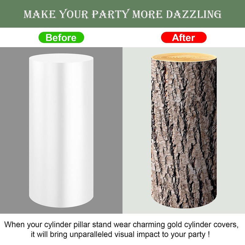 SaitiMade Set of 3 - Wood Cylinder Pedestal Stand Covers  Spandex Wooden Texture Cylinder Stand Covers for Party  Wedding or Birthday Event Decor - Only Contains Cylinder Covers - Image 4